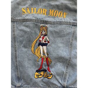 Vintage Sailor Moon Embroidered Denim Jacket Anime Light Wash Jean Girls Large